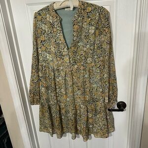 Kori Floral Long ruffled Sleeve v neck fit and flare Dress in Yellow and Green